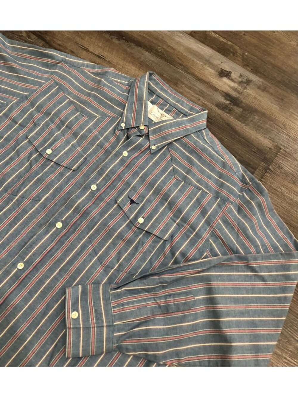 Vintage Longhorn Western Mens Size 17.5 Blue Striped Long Sleeve Button Down Shi